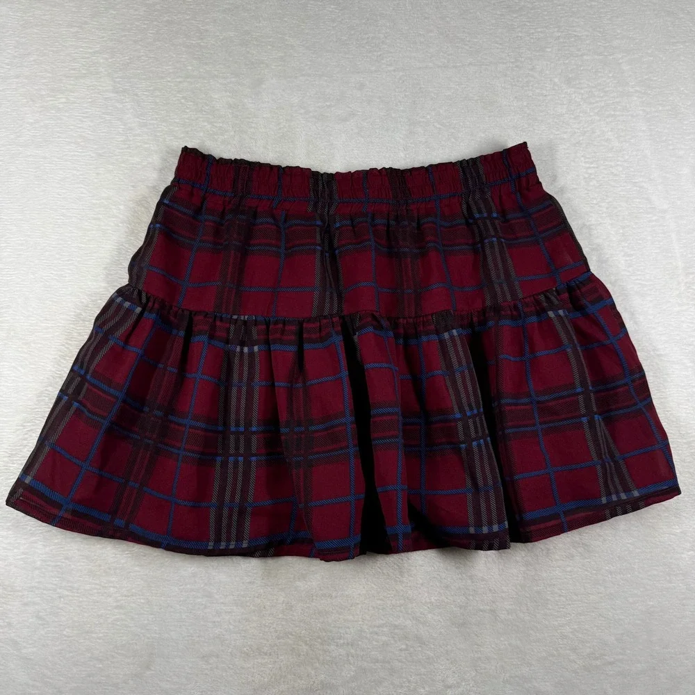 Bongo Burgundy Plaid Tiered Mini Skirt Elastic Waist Lined Size M 885779448365